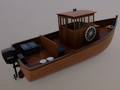 Wooden Yacht Featuring Cabin Wooden Deck Outboard Motor Blue Boxes White Plates And Steering Wheel 3d model