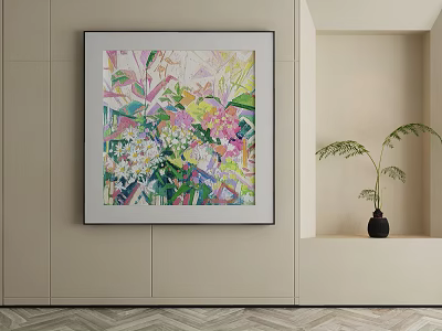 Colorful Floral Abstract Wall Art In Modern Interior With Potted Plant 3d model