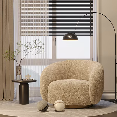 Fluffy Beige Single Sofa with Small Round Table and Floor Lamp near Window with Blinds 3d model
