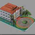 Traditional Multi Story Building With Red Roof And Palm Trees Around Circular Lawn Area