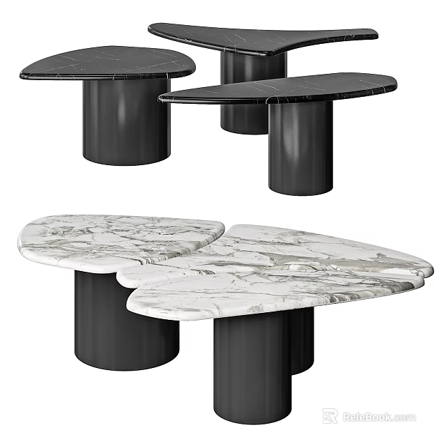 Stylish Modern Luxury Coffee Tables with Irregular Shape Marble Tops and Black Bases 3d model 
