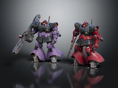 Two Purple and Red Robot Characters With Mechanical Armor And Weapons 3d model