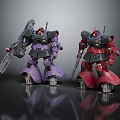 Two Purple and Red Robot Characters With Mechanical Armor And Weapons