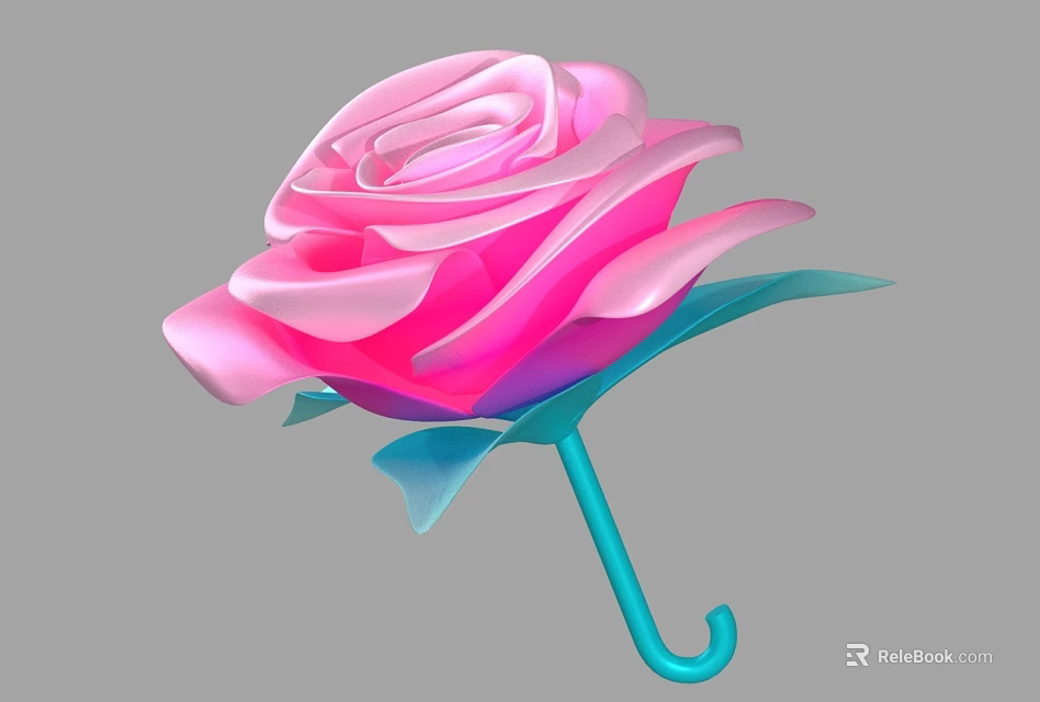 Beautiful Pink Rose Flower With Green Leaves Blue Stem And Curved Hook Design 3d model 