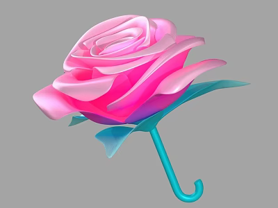 Beautiful Pink Rose Flower With Green Leaves Blue Stem And Curved Hook Design 3d model