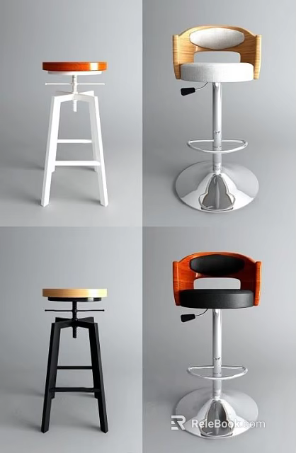 Various Stylish Bar Stools Featuring Wooden Metal Bases And Upholstered Seats 3d model 