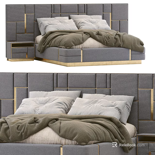 Elegant Modern Double Bed Interior With Gray Upholstered Headboard Gold Accents And Soft Bedding 3d model 