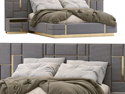 Elegant Modern Double Bed Interior With Gray Upholstered Headboard Gold Accents And Soft Bedding 3d model