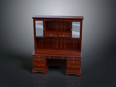 Traditional Wooden Writing Desk With Glass Door Hutch And Lower Storage Drawers 3d model