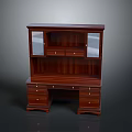 Traditional Wooden Writing Desk With Glass Door Hutch And Lower Storage Drawers
