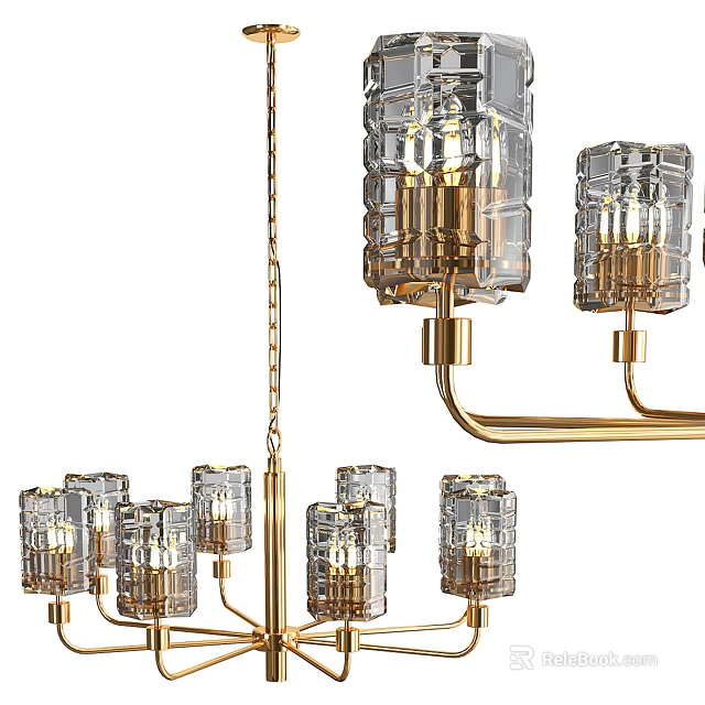 Modern Elegant Chandelier Featuring Glass Shades And Golden Metal Frame Design 3d model 