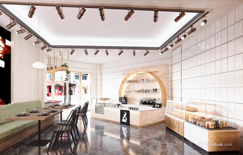 Cozy Modern Dessert Shop Interior Design With Pastry Display Counter Seating Area And Warm Lighting 3d model 