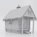 Wooden Cabin With Snow Covered Roof Icicles And Wooden Door Steps