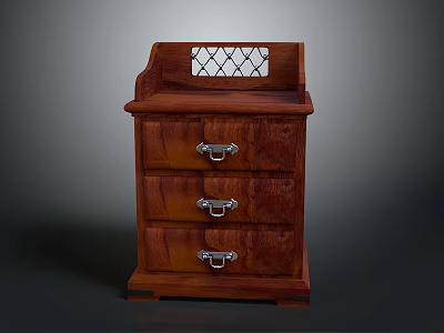 Dark Brown Wooden Nightstand With Three Drawers And Lattice Top Design 3d model