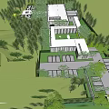 Modern Sales Office Building With Glass Facade Flat Roof And Green Lawn Surroundings
