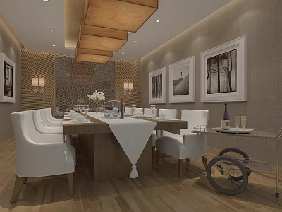Elegant Restaurant Interior With Long Dining Table White Chairs Wooden Chandeliers And Paintings 3d model