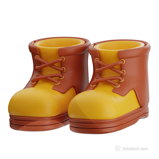 Cartoon Style Yellow And Brown Short Boots With Shoelaces Design For Kids 3d model