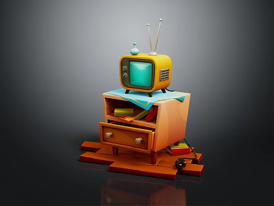 Vintage Yellow Television Placed On Wooden Cabinet With Antennas And Small Decorations 3d model
