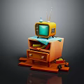 Vintage Yellow Television Placed On Wooden Cabinet With Antennas And Small Decorations