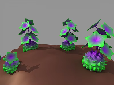 Vibrant Cartoon Plants With Star Shaped Leaves And Purple Green Colors On Brown Ground 3d model