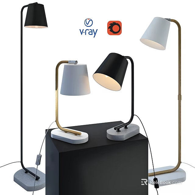 Modern Floor Lamps With Black White Shades And Metal Marble Bases 3d model 