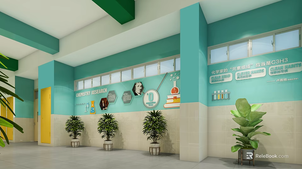 School Science Classroom Area With Periodic Table Wall Decor Experiment Illustrations And Green Plants 3d model 