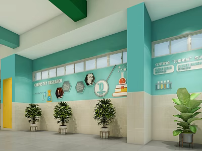School Science Classroom Area With Periodic Table Wall Decor Experiment Illustrations And Green Plants 3d model