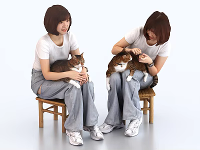 Two Women In White T-shirts And Jeans Sitting On Wooden Stools Petting Cute Cats 3d model