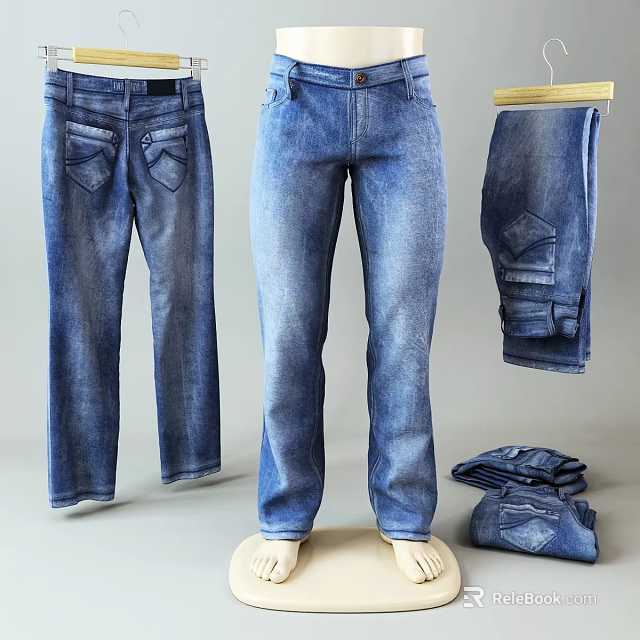 Blue Denim Jeans Display In Various Styles With Hanging And Folded Designs 3d model 