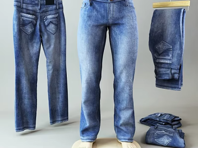 Blue Denim Jeans Display In Various Styles With Hanging And Folded Designs 3d model