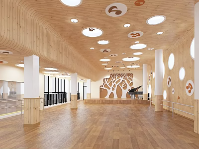 Kindergarten Bright Interior With Wooden Ceiling Circular Lights Tree Shaped Decorative Wall And Piano 3d model