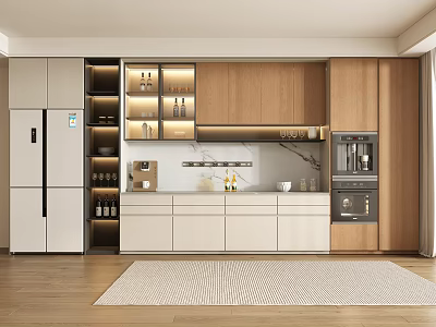 Modern Kitchen Interior With Wine Cabinet Marble Countertop And Wooden Storage 3d model