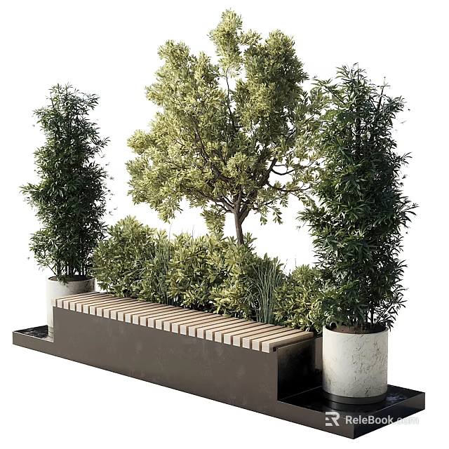 Outdoor Landscape Seat With Wooden Slats Surrounded By Trees And Green Plants 3d model 