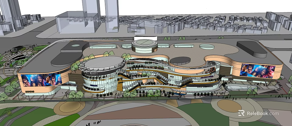 Modern Commercial Street Architectural Design With Round Structures Multi story Shops And Green Areas 3d model 