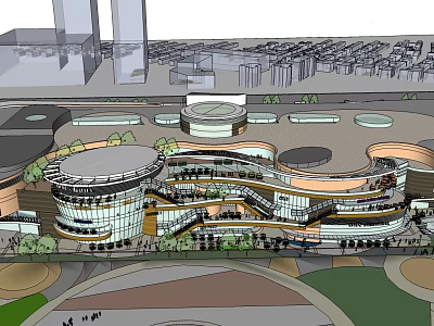 Modern Commercial Street Architectural Design With Round Structures Multi story Shops And Green Areas 3d model
