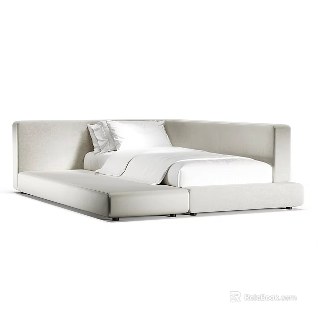 Modern Double Bed Interior Design With Light Upholstery And Simple Headboard 3d model