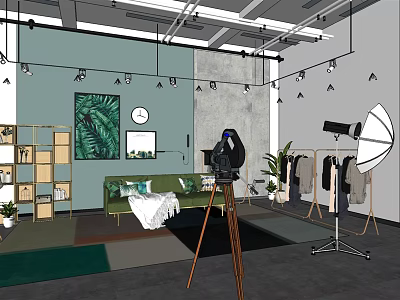 Modern Public Office Space Interior With Green Sofa Bookshelf Camera And Pendant Lights 3d model