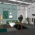 Modern Public Office Space Interior With Green Sofa Bookshelf Camera And Pendant Lights