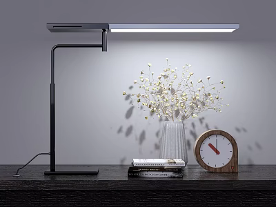 Modern Metal Table Lamp with White Flower Vase Books and Wooden Clock on Desk 3d model