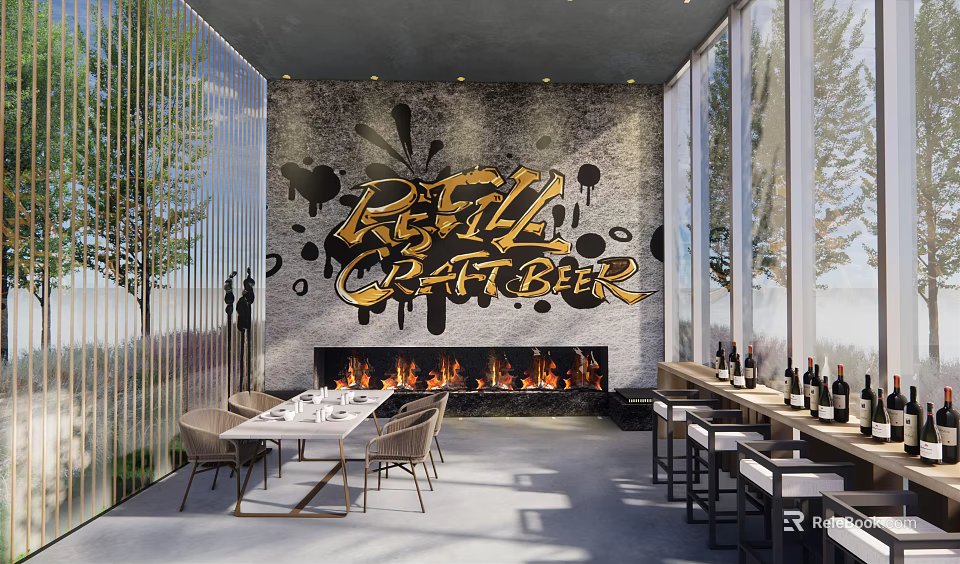 Refill Craft Beer Restaurant Interior With Graffiti Wall Fireplace Dining Tables And Bar Counter 3d model 