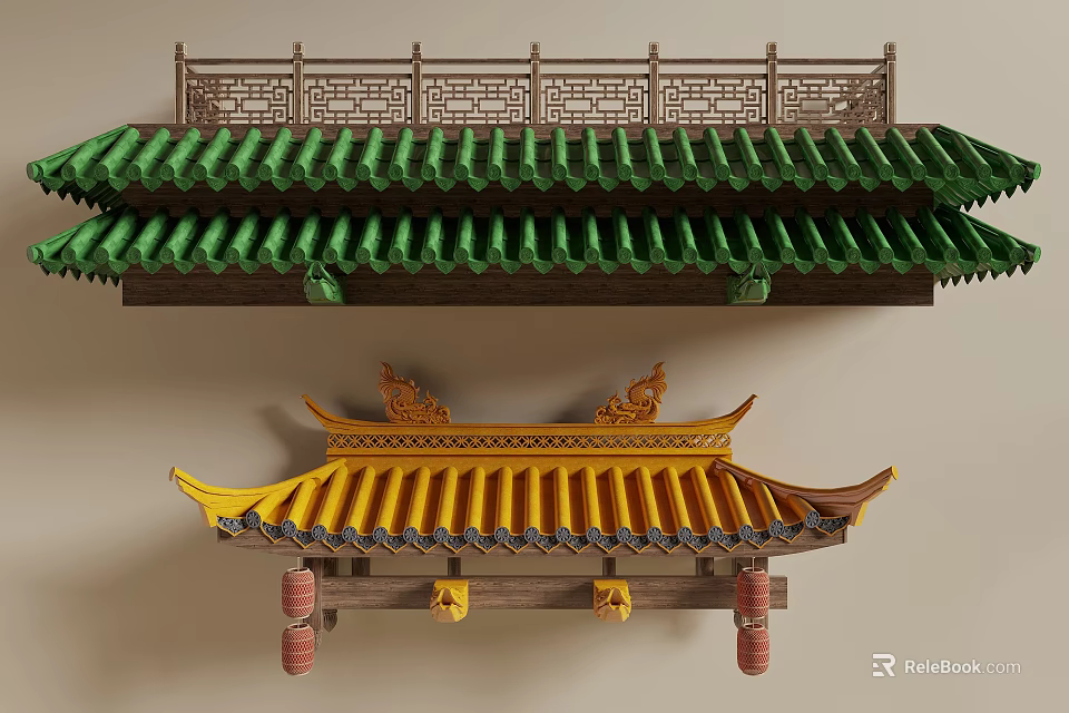 Ancient Chinese Architecture Green Yellow Tiled Roofs with Carved Railings Ornate Eaves and Hanging Lanterns 3d model 