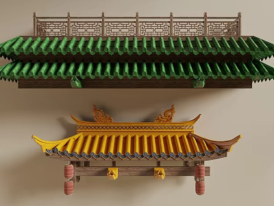Ancient Chinese Architecture Green Yellow Tiled Roofs with Carved Railings Ornate Eaves and Hanging Lanterns 3d model