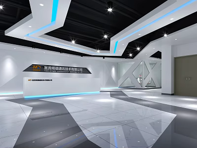 Modern Tech Company Reception Desk With White Walls Black Ceiling Blue Lines And Marble Floor 3d model