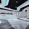 Modern Tech Company Reception Desk With White Walls Black Ceiling Blue Lines And Marble Floor