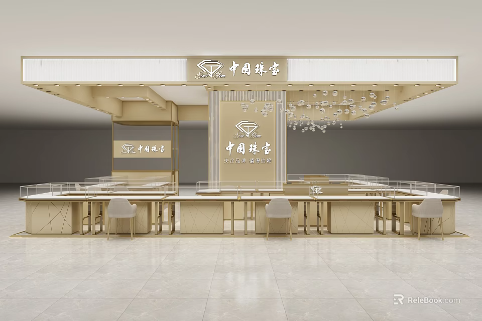 Elegant Jewelry Store Interior Design With Display Counters And Chandeliers 3d model