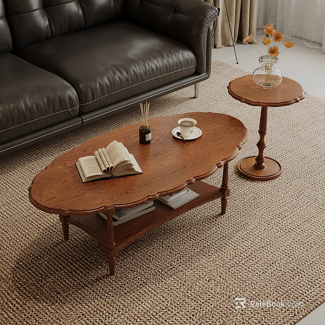 Wooden Oval Coffee Table with Open Book Coffee Cup and Side Table in Living Room 3d model 