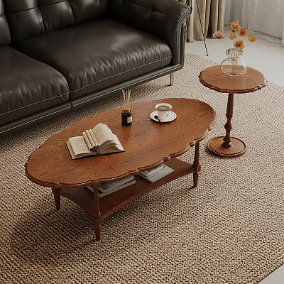 Wooden Oval Coffee Table with Open Book Coffee Cup and Side Table in Living Room 3d model