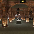 Interior Of Exhibition Hall With Red Brick Arches Black Pendant Lights And Porcelain Displays