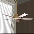Golden Ceiling Fan Light With Brown Blades Near Window Blinds And Wooden Wall