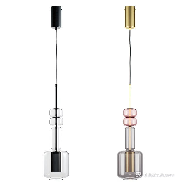 Modern Pendant Lights Design With Transparent Pink Glass And Black Gold Details 3d model 